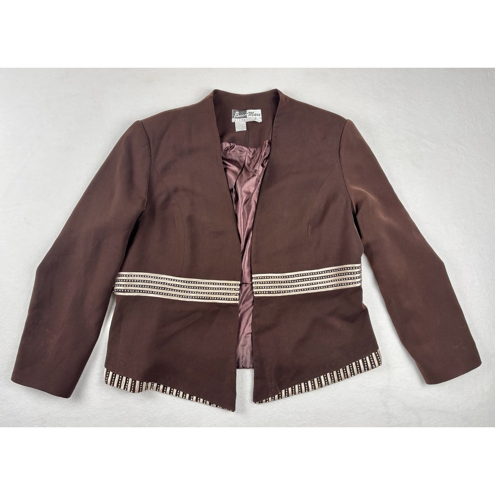 Ben Marc International Brown Rhinestone Trim Open Front Blazer Jacket Size 16